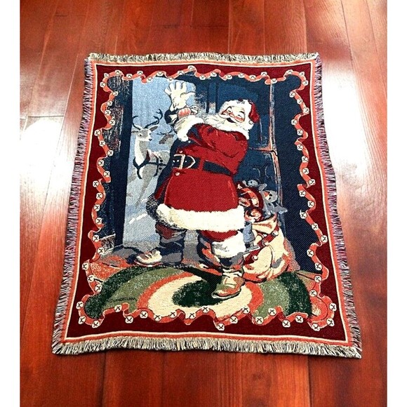 VTG Hallmark Santa Tapestry Throw Blanket 58 x 48" Christmas Goodwin Weavers USA